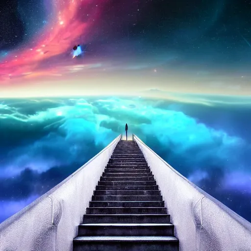 Image similar to a stairway of flowing cosmic liquid from sky, realistic, dusk, starry sky, hd, fantasy, 4 k