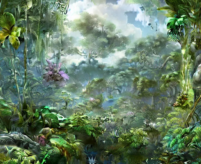 Image similar to transparent clear see - through image of twisting clouds, lush botany, orchids, ferns, garden environment, ultra realistic, concept art, art nouveau, photorealistic, octane render, 8 k, unreal engine. art by gustave dore and nori inoguchi and sam kaplan and zachary goulko and christopher marley and artgerm and alphonse mucha