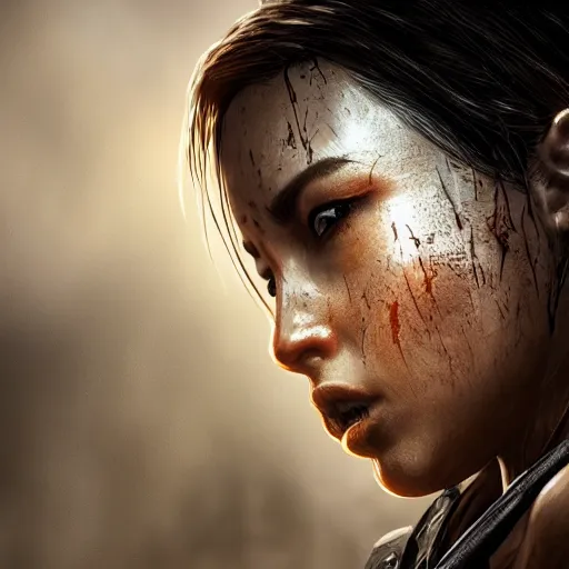 Image similar to Lara croft as samurai , wet face , heavy rain, dirt face ,dramatic, intricate, highly detailed, concept art, smooth, sharp focus, illustration, Unreal Engine 5, 8K
