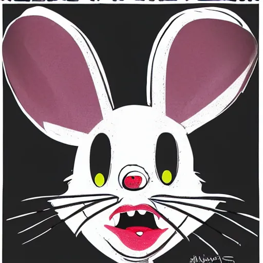 Image similar to A extremely highly detailed majestic hi-res beautiful, highly detailed head and shoulders portrait of a scary terrifying, horrifying, creepy black cartoon rabbit with scary big eyes, earing a shirt laughing, hey buddy, let's be friends, in the style of Walt Disney animation