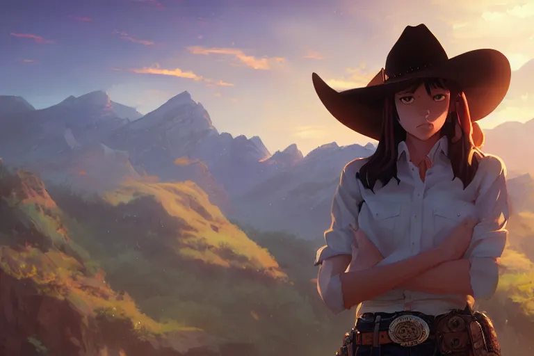 Image similar to western cowgirl, single subject, scenic full shot, ambient lighting, detailed face, by makoto shinkai, stanley artgerm lau, wlop, rossdraws