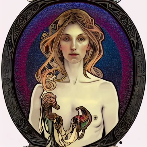 Image similar to realistic unknown alien lilith portrait in style of alphonso mucha, lalique detailed 8 k