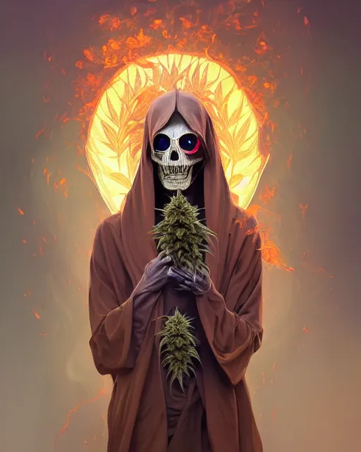 Image similar to portrait of grim reaper, burning face, upper body, decorated with cannabis flowers, intricate, elegant, highly detailed, digital painting, artstation, concept art, smooth, sharp focus, illustration, art by artgerm and greg rutkowski and alphonse mucha, 8 k