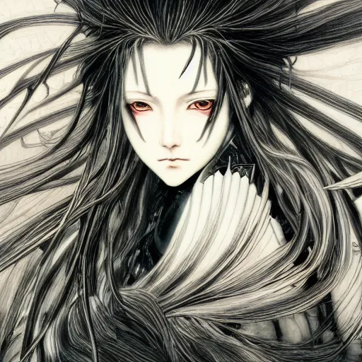 Image similar to yoshitaka amano realistic illustration of an anime girl with black eyes, wavy white hair fluttering in the wind and cracks on her face wearing elden ring armor with engraving, abstract black and white patterns on the background, noisy film grain effect, highly detailed, renaissance oil painting, weird portrait angle, three quarter view