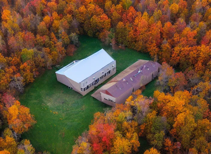 Image similar to low drone shot of a ranch style School in the middle of the Woods during autumn