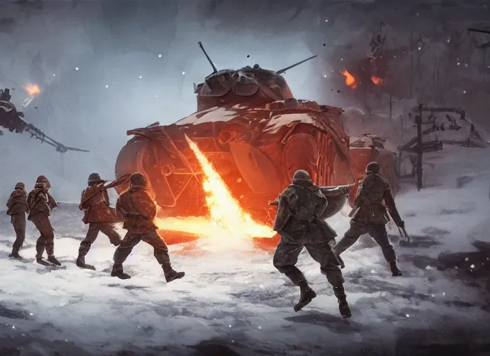 Image similar to still of soviet soldiers fighting against giant nazi monstrous robot in world war two eastern front setting, dieselpunk, winter concept art, artstation, stephen bliss, unreal engine, game screenshot