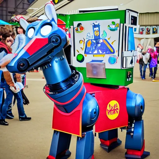 Image similar to caricature drawing of a robotic mule at a carnival