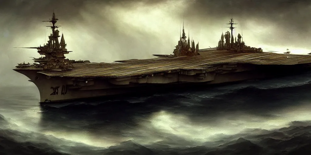 Image similar to a viking style aircraft carrier, by Rolf Armstrong and Evelyn De Morgan and Bastien Lecouffe-Deharme, dramatic lighting, high contrast colors, baroque, empyrean, panoramic view, as trending on Artstation, highly detailed, doom engine,