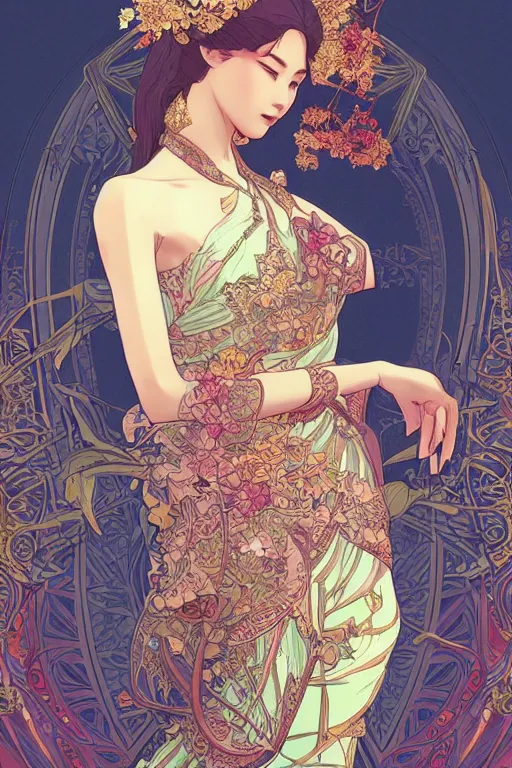 Prompt: beautiful and detailed digital illustration of thai princess by kittichai rueangchaichan and Ilya Kuvshinov, floralpunk, Artstation, art nouveau aesthetic, Alphonse Mucha background, intricate details,concept art, realistic, dramatic