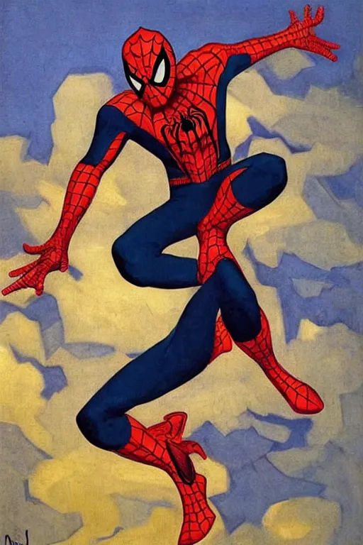 Prompt: spiderman, marvel, artwork by nicholas roerich