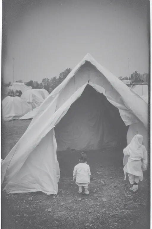 Image similar to photo polaroid of a sad and lonely child in a white coat and barefoot stands in the middle many big tents of field hospitals, pandemic, covid, loneliness, black and white ,photorealistic, 35mm film,