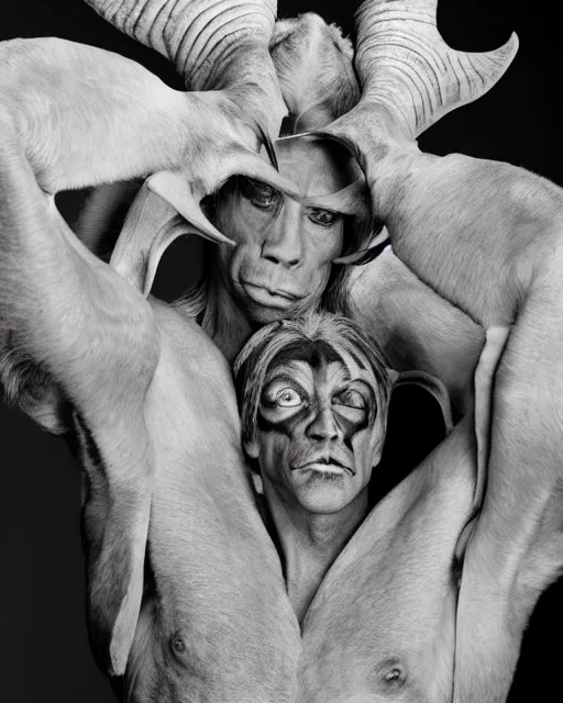 Prompt: singer Iggy Pop in Elaborate Pan Satyr Goat Man Makeup and prosthetics on stage with large goat ears designed by Rick Baker, Hyperreal, Head Shots Photographed in the Style of Annie Leibovitz, Studio Lighting