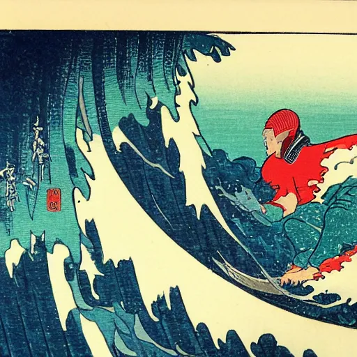 Prompt: man surfing, woodblock print, style of hokusai, fine art, style of kanagawa, painting