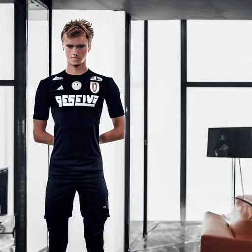 Image similar to a realistic detailed photo of a guy who is an attractive humanoid who is half robot and half humanoid, who is a male android, soccer player martin ødegaard, shiny skin, posing like a statue, blank stare, in a living room, on display, showing off his muscles