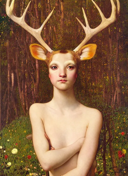 Prompt: a portrait of as if a deer and a human had a son, titian, sam spratt, maxfield parrish, gustav klimt, tom bagshaw, mark ryden, alphonse mucha, rembrandt, high quality, painting, oil