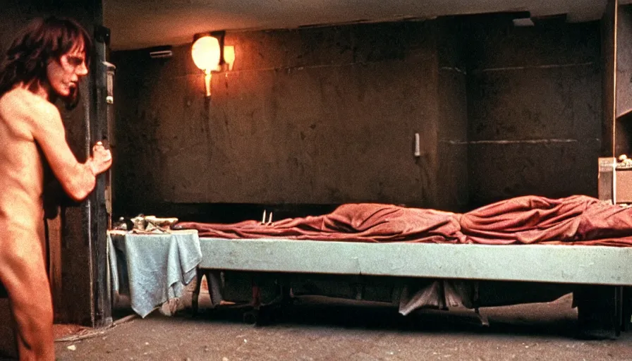 Prompt: 1 9 7 0 s movie still of la mort de marat, cinestill 8 0 0 t 3 5 mm, high quality, heavy grain, high detail, panoramic, cinematic composition, dramatic light, ultra wide lens, anamorphic