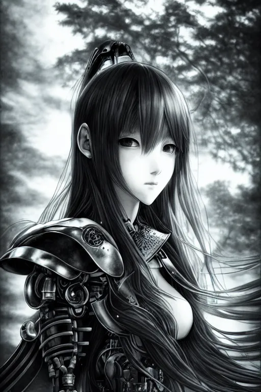 Image similar to a vertical portrait of a character in a scenic environment by Yoshitaka Amano, black and white, dreamy, cybernetic plate armor, wavy long black hair, highly detailed