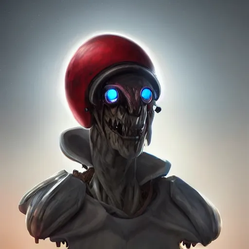 Prompt: a withered humanoid, wearing a round helmet, wearing red eye visor covering eyes, teeth visible, futuristic, industrial sci fi, artstation