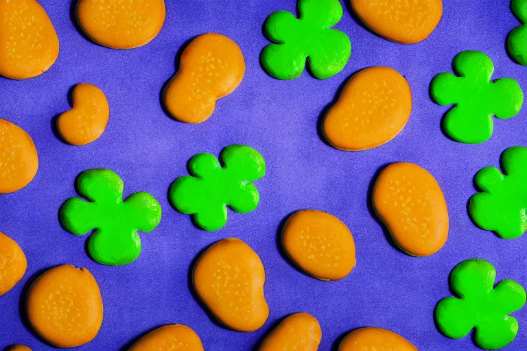 Prompt: mcdonalds colorful pattys, commercial photograph taken on table