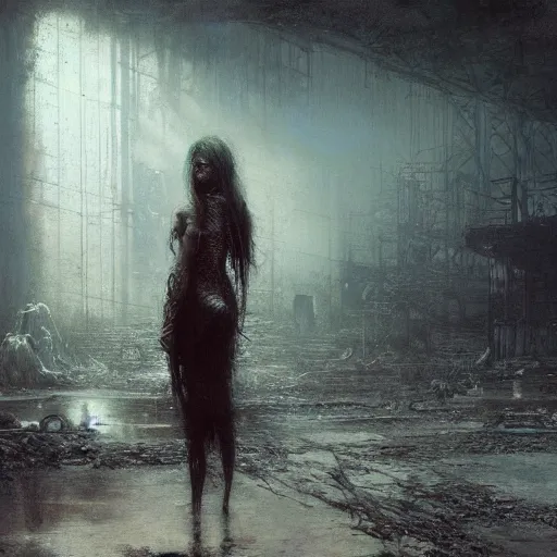 Image similar to lost and alone in an industrial wasteland by gustave dore and gustave moreau and beksinski and giger and craig mullins and jeremy mann