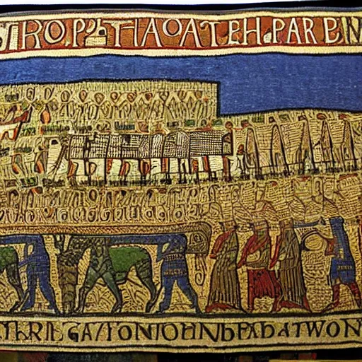 Image similar to bayeux tapestry picture of a medieval town,