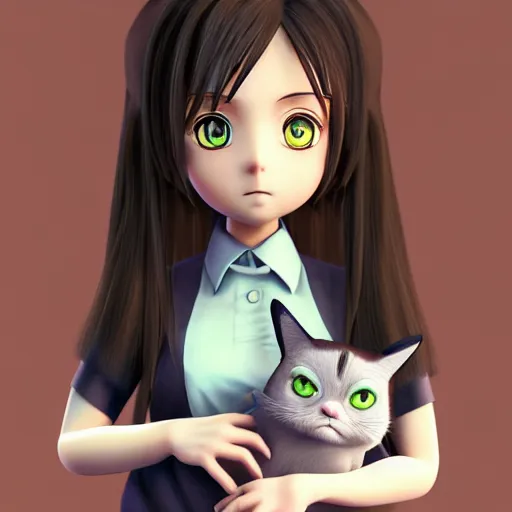 Image similar to Manga cover portrait of an extremely cute and adorable beautiful girl holding an extremely grumpy cat, 3d render diorama by Hayao Miyazaki, official Studio Ghibli still, color graflex macro photograph, Pixiv, DAZ Studio 3D