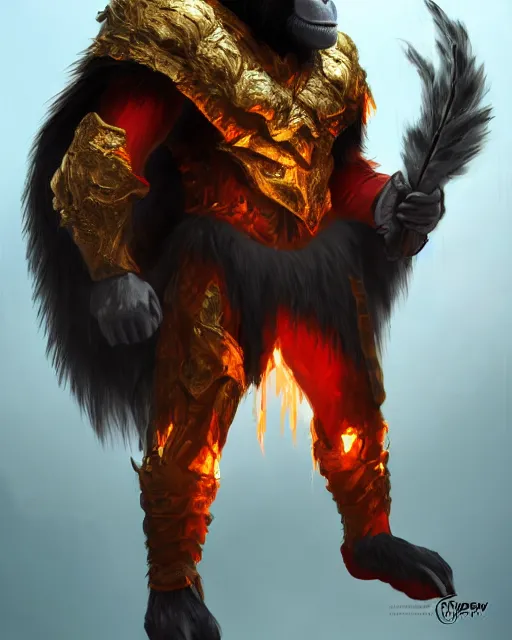 Image similar to fury art, an anthro ape wearing a large cape and a fantasy armor, fire, ice, fiery background, 3 d, 8 k, extremely detailed, trending on furaffinity, trending on artstation, award winning, sharp focus, illustration