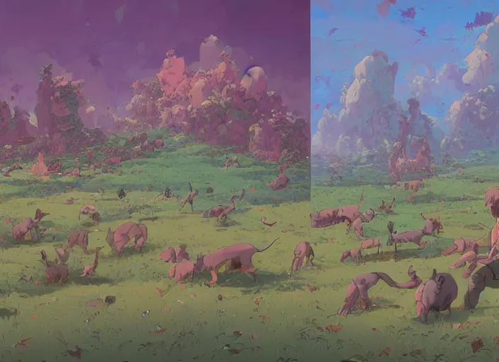 Image similar to concept art of a puppy landscape made of thousands of puppies, cel shaded, in the style of makoto shinkai and moebius and peter mohrbacher and anton fadeev