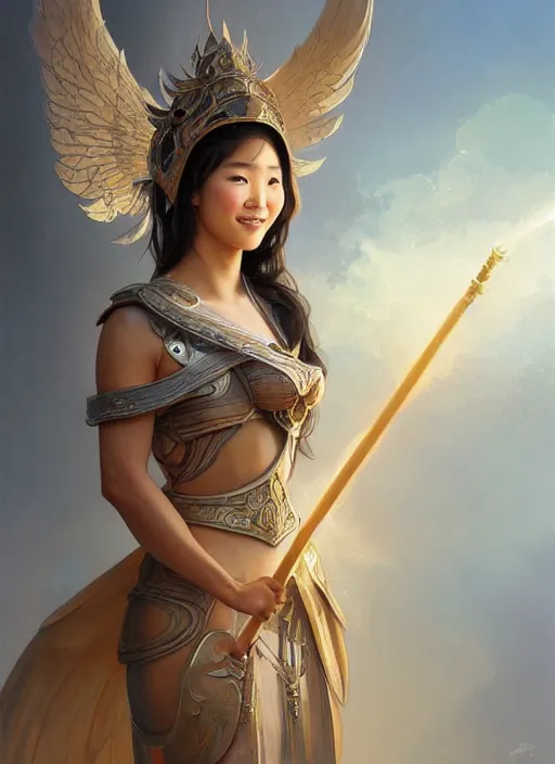 Image similar to Close-up portrait of smiling young asian woman wearing a winged helmet and bare shoulders, holding a magic staff, portrait, highly detailed, digital painting, artstation, concept art, sharp focus, illustration, art by artgerm and greg rutkowski and alphonse mucha