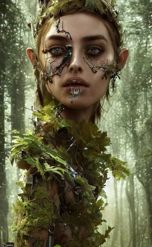 Prompt: a cyborg forest nymph in an ancient forest, ana de armas, flawless symmetrical pretty cute face, greg rutkowski, 8 k, shallow depth of field, intricate detail, concept art,