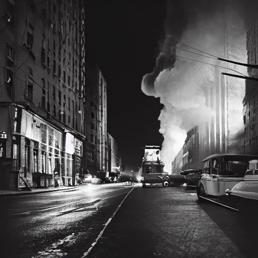 Prompt: a high resolution photo of a new york street at night with an old church on fire surrounded with smoke and cars with bright headlights by robert capa, realistic photo, leica, cinematic lighting, magnum award winning photograph, parallax photography,-W 1024