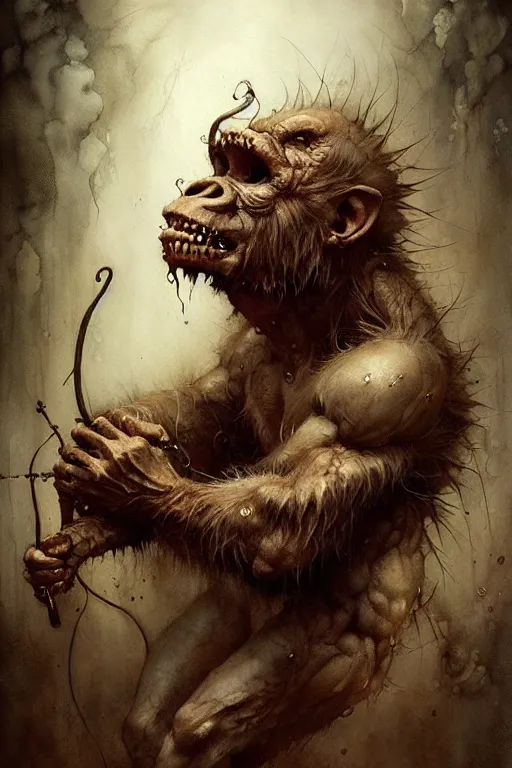 Image similar to ape demon | esoteric symbolism | jean - baptiste monge, esao andrews, bastien lecouffe - deharme, tim jacobus, ken currie | ultra - detailed realism, soft cinematic lighting, hi - fructose, artstation, high - quality, ink watercolors wes anderson poster art