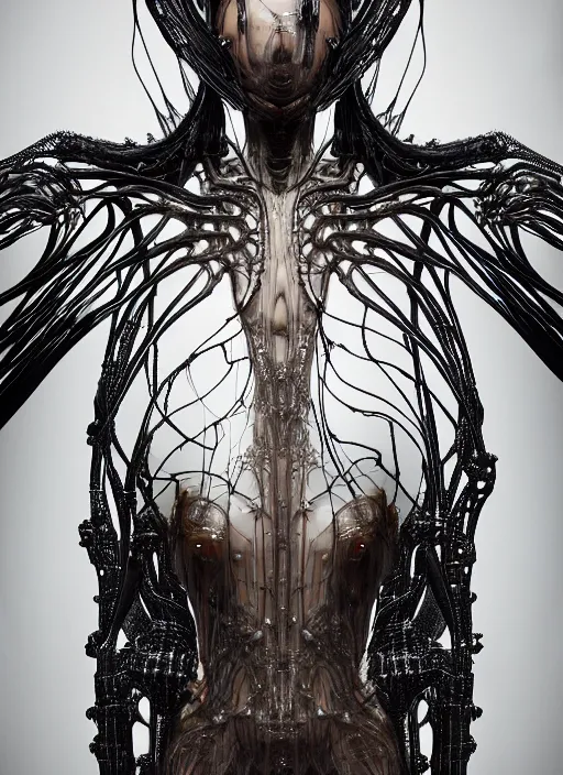 Image similar to iris van herpen gothic inflateble dark dress, perfect symmetrical body, helmet on face, full body shot, alien, plant predator, guyver, giger, wires, tubes, veins, jellyfish, white biomechanical details, wearing epic bionic cyborg implants, masterpiece, intricate, biopunk, vogue, highly detailed, artstation, concept art