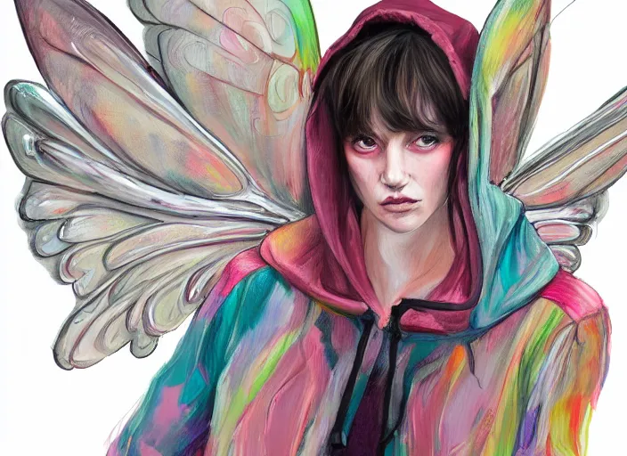 Image similar to a painting by martine johanna of a fairy with big wings wearing a hoodie standing in a township street in the style of jenny saville, street fashion outfit, haute couture fashion shoot, fairy, d & d, fantasy sticker illustration, artstation