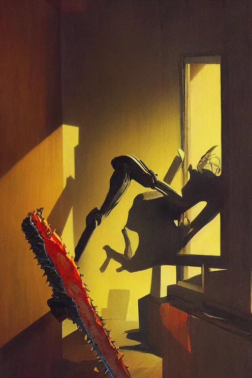 Image similar to chainsaw man and pinaple over his head Edward Hopper and James Gilleard, Zdzislaw Beksisnski, higly detailed