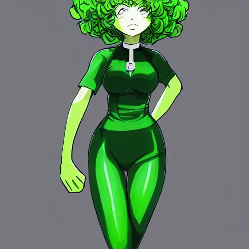 Image similar to tatsumaki from one punch man, green curly hair, digital art, ufotable, trending on pixiv