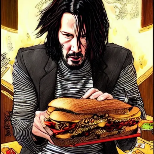 Image similar to keanu reeves eating a sandwich as a quirky cyberpunk wizzard, dark-hair, intricate, elegant, highly detailed, smooth, sharp focus, detailed face, high contrast, dramatic lighting, graphic novel, art by Ardian Syaf and Michael Choi