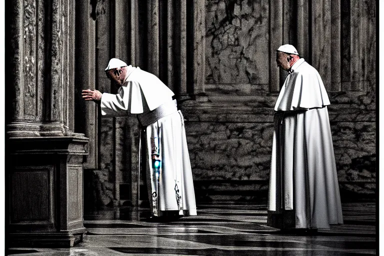 Image similar to dark scene at the vatican, pope performing an exercism ritual, moody atmosphere, 3 5 mm, hyper detailed,