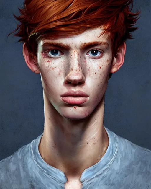 Image similar to portrait of tall, thin, 1 5 - year - old boy with a long nose, a lot of freckles, fiery red hair, and bright blue eyes, hyper realistic face, beautiful eyes, fantasy art, in the style of greg rutkowski, intricate, hyper detailed, smooth