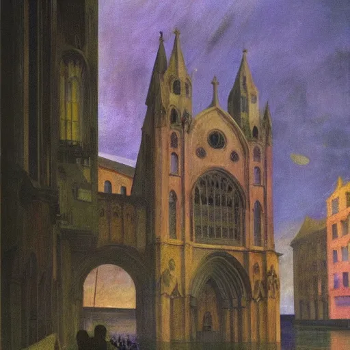 Prompt: a flooded cathedral, film still by edward hopper, by Bosch, by klimt, art noveau, highly detailed, strong lights, liminal, eerie, Bright pastel colors