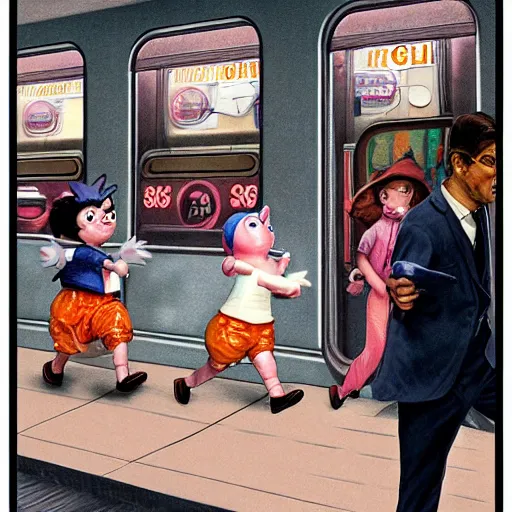 Image similar to jigglypuff runnning to catch the nyc subway, frantic, wearing a suit, style of norman rockwell, photograph, super sharp, style of richard corben, ultra detailed, 8 k, rule of thirds, cinematic lighting.