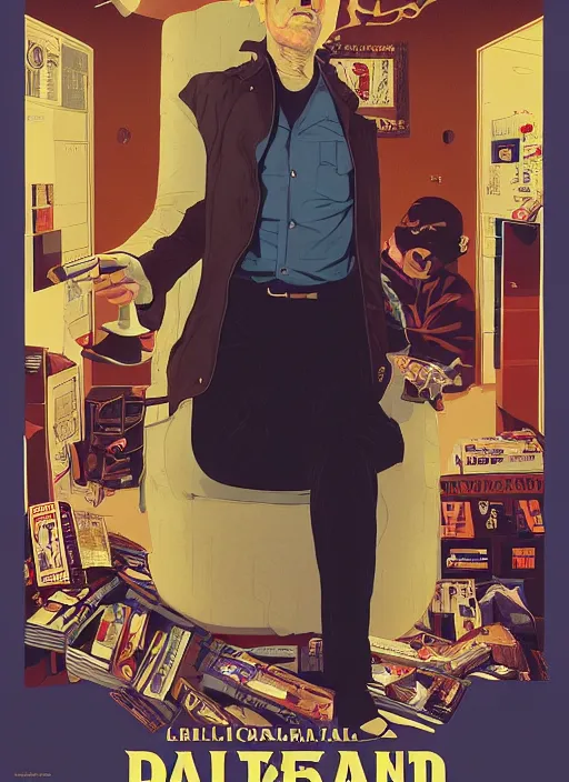 Image similar to poster artwork by Michael Whelan and Tomer Hanuka, Karol Bak of portrait of Quentin Tarantino the local video store kerk, from scene from Twin Peaks, clean, simple illustration, nostalgic, domestic, full of details