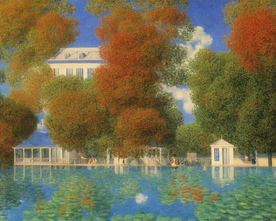 Image similar to achingly beautiful painting of a sophisticated, well - decorated pool house in fall by rene magritte, monet, and turner.