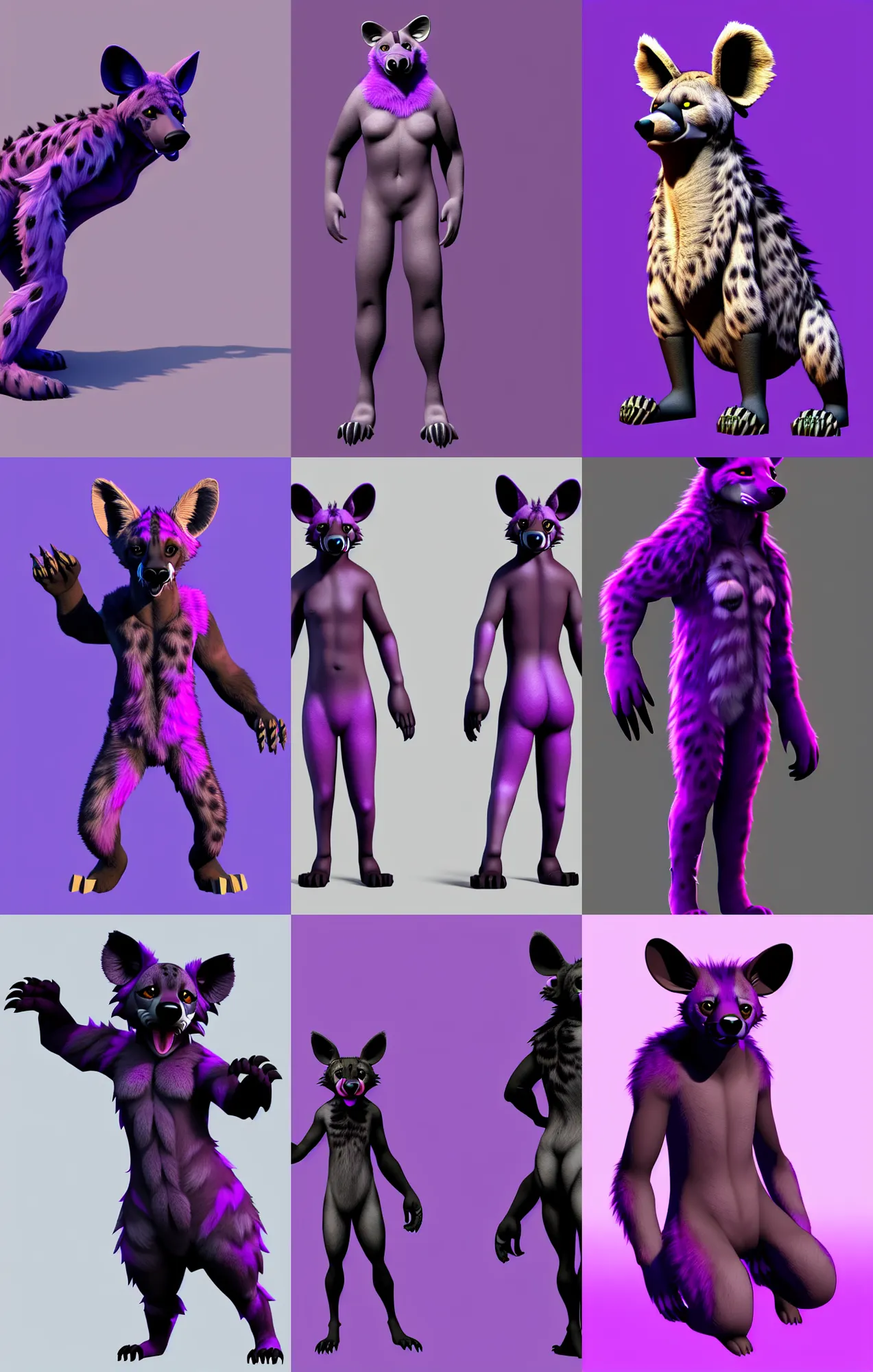 Image similar to a full - body centered front - perspective furry male fursona portrait, a male hyena fursona, purple and black fur color scheme, trending on weasyl, painted in zbrush, high - resolution, photorealistic