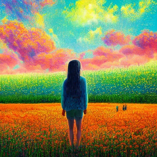 Image similar to huge flower head, girl standing in flower field, surreal photography, big trees, sunrise dramatic light, impressionist painting, colorful clouds, digital painting, pointillism, artstation, simon stalenhag