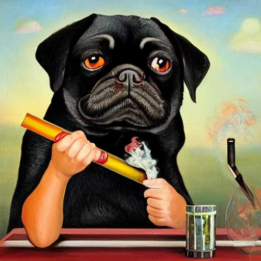 Prompt: portrait of a drunk and high black pugalier smoking a joint, painting, surrealism, extreme detail