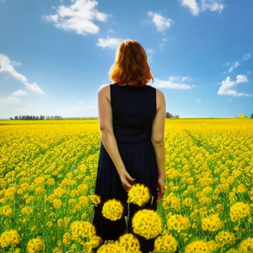 Image similar to woman standing in a flower field, head of flowers