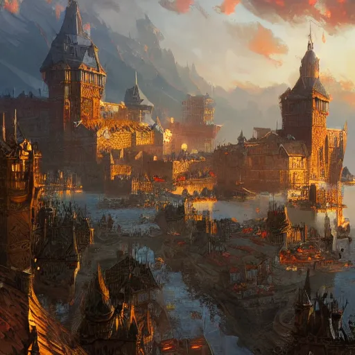 Image similar to The capital of a medieval kingdom located by the sunlit sea, fantasy, highly detailed, digital painting, artstation, concept art, illustration, art by Bayard Wu and Marc Simonetti and Diego Gisbert Llorens