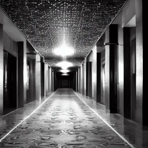 Prompt: a liminal space, very long narrow corridor of a hotel at night, lights on ceiling, ominous, dark, eerie