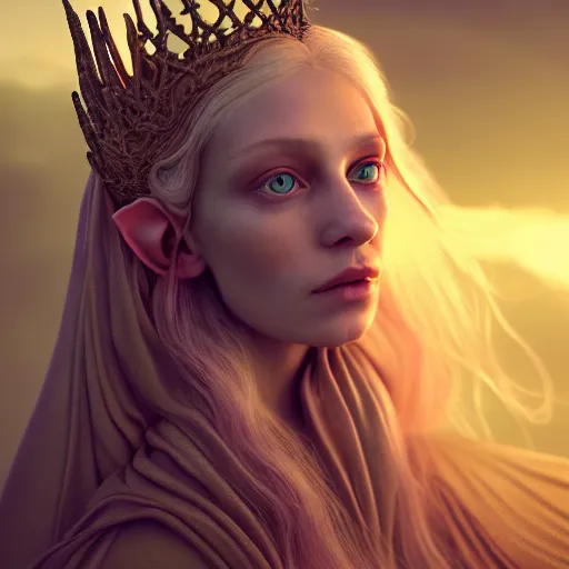 Prompt: photographic portrait of a stunningly beautiful english elven queen renaissance female in soft dreamy light at sunset, beside the river, soft focus, contemporary fashion shoot, in a denis villeneuve and tim burton movie, by edward robert hughes, annie leibovitz and steve mccurry, david lazar, jimmy nelsson, extremely detailed, breathtaking, hyperrealistic, perfect face, octane render